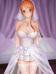 Rule 34 | 1girl, bare shoulders, bed, blush, breasts, bridal veil, brown eyes, cleavage, closed mouth, dress, earrings, highres, indoors, jewelry, large breasts, legs, legs together, looking at viewer, nami (one piece), one piece, orange hair, ponte, skirt, solo, standing, strapless, tattoo, thighhighs, thighs, veil, wedding dress, zettai ryouiki