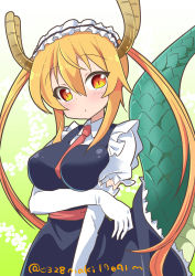 Rule 34 | 10s, 1girl, :o, absurdres, apron, arm across waist, between breasts, blonde hair, blush, breasts, commentary request, cowboy shot, dragon girl, dragon tail, elbow gloves, frilled apron, frills, gloves, head tilt, highres, horns, impossible clothes, kazuta (kazutan62), kobayashi-san chi no maidragon, large breasts, large tail, long hair, looking at viewer, maid, maid apron, maid headdress, necktie, necktie between breasts, puffy short sleeves, puffy sleeves, raised eyebrows, sash, short sleeves, sidelocks, slit pupils, solo, tail, tohru (maidragon), twintails, twitter username, white gloves, yellow eyes