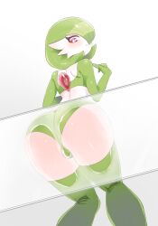 Rule 34 | 1girl, :3, against glass, ass, ass focus, ass press, back, bob cut, bright pupils, cameltoe, closed mouth, colored skin, creatures (company), ddingyong, female focus, from below, game freak, gardevoir, gen 3 pokemon, gradient background, green hair, green panties, green skin, hair over one eye, hands up, happy, highres, kneepits, looking back, looking down, multicolored skin, nintendo, one eye covered, panties, pokemon, pokemon (creature), red eyes, shiny skin, short hair, simple background, sitting, smile, solo, thighs, transparent, two-tone skin, underwear, white background, white pupils, white skin
