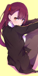 Rule 34 | 1girl, black jacket, blush, brown pantyhose, e sky rugo, from side, girls&#039; frontline, jacket, long hair, long sleeves, looking at viewer, looking to the side, one side up, open clothes, open jacket, pantyhose, parted lips, red hair, shirt, simple background, sitting, solo, wa2000 (girls&#039; frontline), white shirt, yellow background