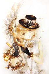 Rule 34 | 1girl, acrylic paint (medium), bad id, bad pixiv id, bare arms, beamed quavers, blonde hair, flower, gears, gloves, hat, head tilt, keiko (mitakarawa), light bulb, looking at viewer, mechanical wings, musical note, original, painting (medium), parted lips, roman numeral, shirt, short hair, simple background, single wing, sleeveless, sleeveless shirt, solo, speaker, steampunk, top hat, traditional media, watercolor (medium), white background, wings, yellow eyes