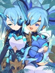 Rule 34 | 2girls, asagi1111, blue eyes, blue hair, breasts, chest jewel, earrings, eyepatch, flat chest, ice horns, jewelry, large breasts, multiple girls, one eye covered, open mouth, praxis (xenoblade), short hair, theory (xenoblade), xenoblade chronicles (series), xenoblade chronicles 2