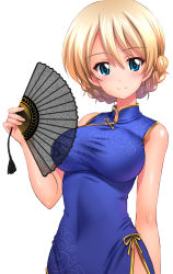 Rule 34 | 1girl, blonde hair, blue dress, blue eyes, braid, breasts, china dress, chinese clothes, darjeeling (girls und panzer), dress, girls und panzer, hair between eyes, kamogawa tanuki, large breasts, looking at viewer, solo, swept bangs, white background
