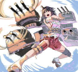 Rule 34 | 1girl, black hair, cannon, detached sleeves, full body, gegeron, geta, hakama, hakama skirt, headgear, highres, japanese clothes, kantai collection, machinery, nontraditional miko, one-hour drawing challenge, open mouth, red eyes, red skirt, short hair, skirt, socks, solo, tabi, turret, white socks, wide sleeves, yamashiro (kancolle)