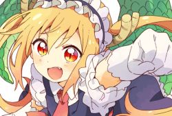 Rule 34 | 1girl, :d, blonde hair, clenched hand, dragon girl, dragon horns, dragon tail, elbow gloves, gloves, highres, horns, kobayashi-san chi no maidragon, large tail, looking at viewer, maid, maid headdress, namori, necktie, open mouth, orange eyes, simple background, slit pupils, smile, solo, tail, tohru (maidragon), white background, white gloves