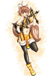 Rule 34 | 1girl, absurdres, animal ears, arc system works, bare shoulders, berkut, blazblue, blazblue: continuum shift, blush, boots, breasts, brown eyes, brown hair, highres, makoto nanaya, miniskirt, multicolored hair, orange skirt, revealing clothes, short hair, skirt, smile, solo, squirrel ears, squirrel tail, tail, thighhighs, tonfa, underboob, weapon