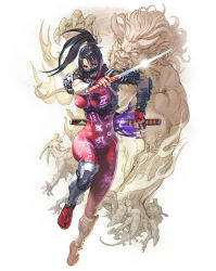 Rule 34 | 1girl, absurdres, armor, black hair, bodysuit, breasts, brown eyes, clothes writing, covered navel, dual wielding, floating hair, full body, gauntlets, high ponytail, highres, holding, huge filesize, japanese armor, kawano takuji, large breasts, long hair, looking at viewer, mask, mouth mask, namco, ninja, ninja mask, official art, oni, ponytail, runes, sandals, sheath, sheathed, shin guards, simple background, skin tight, solo, soul calibur, soulcalibur, soulcalibur vi, sword, taki (soulcalibur), weapon