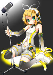 Rule 34 | 1girl, aqua eyes, arm warmers, bad id, bad pixiv id, blonde hair, female focus, full body, gradient background, hair ornament, hair ribbon, hairclip, headphones, high heels, highres, kagamine rin, kagamine rin (append), leg warmers, masakichi (heppouku), microphone, microphone stand, navel, ribbon, shoes, short hair, shorts, sitting, solo, thighhighs, vocaloid, vocaloid append