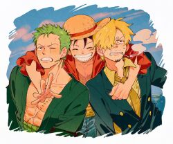Rule 34 | 3boys, ^ ^, arm around neck, black hair, black jacket, blonde hair, blue sky, blush, cigarette, clenched teeth, closed eyes, cloud, collared shirt, commentary request, curly eyebrows, earrings, facial hair, facial scar, goatee, green hair, green kimono, grin, hair over one eye, hat, highres, jacket, japanese clothes, jewelry, kimono, lapels, long sleeves, looking at viewer, male focus, monkey d. luffy, multiple boys, necktie, one eye covered, one piece, open clothes, open kimono, open shirt, parted bangs, pectorals, qwwwwww48423, red shirt, roronoa zoro, sanji (one piece), scar, scar across eye, scar on cheek, scar on chest, scar on face, shirt, short hair, sky, smile, smoke, straw hat, teeth, upper body, v-shaped eyebrows, white background, wing collar, yellow necktie, yellow shirt