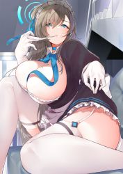 Rule 34 | 1girl, apron, asuna (blue archive), black dress, blue archive, blue neckwear, blush, bow, bowtie, breasts, choker, cleavage, dress, elbow gloves, gloves, halo, headphones, highres, large breasts, light brown hair, long hair, maid headdress, miya ur, mole, mole on breast, neck ribbon, puffy short sleeves, puffy sleeves, ribbon, short sleeves, smile, solo, white apron, white gloves