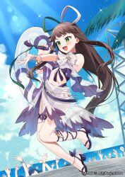 Rule 34 | 6+girls, :d, anne (wixoss), bikini, blue sky, blush, brown hair, cloud, copyright notice, day, detached sleeves, green eyes, hair ribbon, hand up, high heels, holding, holding microphone, horizon, long hair, microphone, multiple girls, ocean, official art, open mouth, outdoors, outstretched arm, people, puffy short sleeves, puffy sleeves, purple bikini, purple footwear, ribbon, sandals, sarong, see-through, see-through sleeves, short sleeves, sky, smile, solo focus, starfish, swimsuit, very long hair, water, wide sleeves, wixoss, yamabukiiro