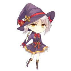 Rule 34 | 1girl, boots, borrowed character, cecilia (acerailgun), chibi, dress, full body, hat, original, shouu-kun, signature, smile, solo, transparent background, twintails, white hair, witch, witch hat, wrist cuffs, yellow eyes