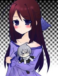 Rule 34 | 1girl, ahoge, ao oni, blue eyes, blush, brown hair, cameo, collarbone, commentary, doll, gender request, genderswap, hair ornament, halftone, halftone background, hiroshi (ao oni), long hair, looking at viewer, personification, sakura hayato, sidelocks, solo, the oni (ao oni)