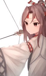 Rule 34 | 1girl, arrow (projectile), bow (weapon), brown gloves, drawing bow, gloves, hachimaki, headband, high ponytail, highres, holding, holding arrow, holding bow (weapon), holding weapon, japanese clothes, kantai collection, kyawadayooo, light brown hair, long hair, partially fingerless gloves, ponytail, solo, upper body, weapon, zuihou (kancolle)