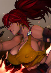 Rule 34 | 1girl, bare shoulders, breasts, covered erect nipples, dark persona, earrings, jewelry, large breasts, leona heidern, orochi leona, ponytail, red hair, sleeveless, solo, tank top, the king of fighters, the king of fighters xv, toned, triangle earrings, yasunososaku, yellow eyes, yellow tank top
