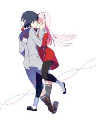 Rule 34 | 10s, 1boy, 1girl, bad id, bad twitter id, black hair, black pantyhose, boots, brown footwear, closed eyes, commentary request, couple, darling in the franxx, face-to-face, facing another, floating hair, forehead-to-forehead, hair ornament, hairband, hand on another&#039;s arm, hand on another&#039;s face, hand on another&#039;s head, heads together, hetero, hiro (darling in the franxx), horns, hug, kiss, leg between thighs, leg up, long hair, long sleeves, military, military uniform, necktie, o0str0o, oni horns, orange neckwear, pantyhose, pink hair, red horns, shoes, short hair, socks, uniform, white footwear, white hairband, zero two (darling in the franxx)