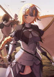 Rule 34 | 1girl, 2boys, absurdres, animal, armor, armored dress, bird, black hair, black thighhighs, blonde hair, blood, blue eyes, braid, breasts, chain, commentary, fate/apocrypha, fate/grand order, fate (series), faulds, flag, fukuidesu0110, gauntlets, gilles de rais (saber) (fate), headpiece, highres, holding, holding flag, holding sword, holding weapon, jeanne d&#039;arc (fate), jeanne d&#039;arc (ruler) (fate), knight, large breasts, long hair, looking at viewer, multiple boys, outdoors, plackart, ponytail, sky, standard bearer, sword, thighhighs, very long hair, weapon, white flag