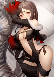 Rule 34 | 1girl, bare shoulders, black dress, blush, breasts, brown eyes, brown hair, center opening, choker, cleavage, dress, earrings, fate/grand order, fate (series), fur-trimmed jacket, fur trim, jacket, jewelry, kyoeiki, long hair, long sleeves, looking at viewer, medium breasts, multiple earrings, navel, open clothes, open jacket, revealing clothes, strapless, strapless dress, thighs, very long hair, yu mei-ren (fate)