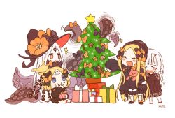 Rule 34 | &gt; &lt;, 4girls, :d, :i, :o, ^^^, ^ ^, abigail williams (fate), black bow, black dress, black footwear, black headwear, black jacket, blonde hair, blue eyes, blush, bow, box, bug, butterfly, christmas, christmas ornaments, christmas tree, closed eyes, closed mouth, dress, eating, fate/grand order, fate (series), food, food on face, forehead, gift, gift box, gingerbread man, hair bow, hair bun, hat, highres, insect, jacket, key, lavinia whateley (fate), long hair, long sleeves, multiple girls, multiple hair bows, multiple persona, hugging object, open mouth, orange bow, parted bangs, polka dot, polka dot bow, red eyes, red footwear, signature, single hair bun, sitting, sleeves past fingers, sleeves past wrists, smile, sofra, standing, star (symbol), stuffed animal, stuffed toy, suction cups, teddy bear, tentacles, v-shaped eyebrows, very long hair, white background, white hair, witch hat