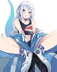 Rule 34 | 1girl, adapted costume, alternate costume, artist logo, black shorts, black tank top, bloop (gawr gura), blue eyes, blue hair, blue jacket, blush, commentary, earrings, fangs, fins, fish tail, flat chest, full body, gawr gura, hair ornament, highres, hololive, hololive english, indian style, jacket, jewelry, long hair, looking at viewer, midriff, multicolored hair, navel, open clothes, open jacket, open mouth, pineapple (pine), shark hair ornament, shark print, shark tail, shoes, short twintails, shorts, silver hair, simple background, sitting, sleeveless, smile, sneakers, solo, streaked hair, tail, tank top, thighs, twintails, two-tone hair, two side up, unzipped, virtual youtuber, white background, white footwear