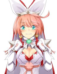 Rule 34 | 1girl, ahoge, arc system works, blush, breasts, bridal veil, cleavage, clover, dress, elphelt valentine, female focus, four-leaf clover, gloves, green eyes, guilty gear, guilty gear xrd, highres, huge breasts, looking at viewer, pink hair, ribbon, short hair, solo, spikes, tears, veil, wedding dress, yamato (muchuu paradigm)