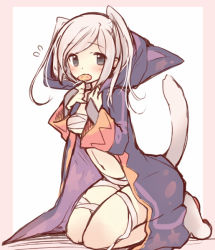 Rule 34 | 1girl, animal hood, bad id, bad pixiv id, bandages, black eyes, blush, border, candy, cat hood, cat tail, fire emblem, fire emblem awakening, food, food in mouth, full body, hood, hoodie, lollipop, long hair, looking at viewer, navel, nintendo, paw shoes, robin (female) (fire emblem), robin (fire emblem), robin (male) (fire emblem), sarashi, seiza, shoes, silver hair, simple background, sitting, solo, tail, teu (navy), twintails, wariza