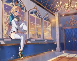 Rule 34 | 1girl, architecture, bad id, bad pixiv id, blonde hair, blue capelet, blue eyes, breasts, brown footwear, building, capelet, chain, chandelier, cloud, commission, crown, door, flower, glint, hair ornament, hairclip, hugging own legs, indoors, knee up, long hair, long sleeves, looking at viewer, medium breasts, miniskirt, original, pinb, shirt, shoes, sidelocks, sitting, skirt, sky, smile, solo, sparkle, star (sky), starry sky, thighhighs, thighs, tilted headwear, turtleneck, white flower, white shirt, white skirt, white thighhighs, wide shot, window, zettai ryouiki
