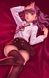 Rule 34 | 1girl, arm up, bed sheet, belt, belt buckle, black bow, black skirt, black thighhighs, bow, buckle, collared shirt, fate/grand order, fate (series), from above, hair bow, hee, helena blavatsky (fate), highres, long hair, long sleeves, looking at viewer, lying, miniskirt, neck ribbon, on back, parted lips, pink hair, red belt, red eyes, red ribbon, ribbon, shirt, skirt, solo, thighhighs, white shirt, wing collar, zettai ryouiki