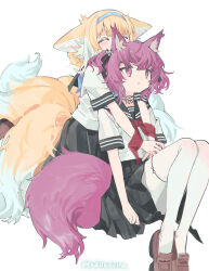 Rule 34 | 2girls, alternate costume, animal ear fluff, animal ears, arknights, artist name, black sailor collar, black skirt, blonde hair, braid, brown footwear, chinese commentary, closed eyes, commentary request, fox ears, fox girl, fox tail, hug, hug from behind, kitsune, kneeling, knees up, kyuubi, looking up, matching outfits, multicolored hair, multiple girls, multiple tails, pantyhose, parted lips, pleated skirt, purple eyes, purple hair, red medicine, red ribbon, ribbon, sailor collar, school uniform, serafuku, shamare (arknights), shirt, shoes, short hair, short sleeves, sitting, skirt, suzuran (arknights), tail, twin braids, twintails, two-tone hair, white background, white hair, white pantyhose, white shirt