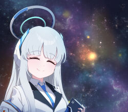 Rule 34 | 1girl, blazer, blue archive, blue necktie, blunt bangs, collared shirt, commentary, galaxy, grey hair, halo, headgear, holding, holding notebook, jacket, long hair, long sleeves, looking at viewer, meme, necktie, noa (blue archive), notebook, school uniform, shirt, sidelocks, sky, smile, solo, space, space cat (meme), star (sky), starry sky, udon f