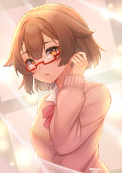 Rule 34 | 1girl, alternate hair length, alternate hairstyle, blush, bob cut, bow, bowtie, brown eyes, brown hair, cardigan, collared shirt, commentary, curtains, dated, english commentary, glasses, hair flaps, highres, indoors, long sleeves, looking at viewer, original, parted lips, pink cardigan, red bow, red bowtie, semi-rimless eyewear, shirt, short hair, signature, solo, temachii, temachii (character), under-rim eyewear, upper body, white shirt, window, wing collar