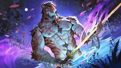 Rule 34 | 1boy, abs, absurdres, ale55, bara, beard, facial hair, flower, full beard, fundoshi, furry, furry male, glowing, glowing sword, glowing weapon, highres, holding, holding sword, holding weapon, japanese clothes, lake, large pectorals, looking at viewer, male focus, mature male, muscular, muscular male, navel, night, night sky, nipples, original, partially submerged, pectorals, petals, rose, short hair, sky, solo, standing, sword, thick beard, thick eyebrows, thick navel hair, topless male, two-tone body hair, watermark, weapon, wet, wet clothes, wet fundoshi
