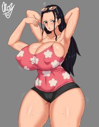 Rule 34 | 1girl, absurdres, aqua eyes, armpits, arms behind head, artist name, black hair, blush, breasts, cameltoe, cleavage, cleft of venus, collarbone, covered erect nipples, curvy, fanning face, fanning self, hana hana no mi, highres, huge breasts, long hair, mature female, motion lines, multiple arms, nico robin, one piece, oroz kun, short shorts, shorts, simple background, sleeveless, solo, sunglasses on head, sweat, thick thighs, thighs, wide hips