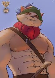 Rule 34 | 1boy, abs, alternate muscle size, artist name, bara, belt, brown belt, closed mouth, fur collar, furry, furry male, green hat, hat, highres, large pectorals, league of legends, male focus, muscular, muscular male, neck fur, pectorals, seupil hyugo (spirohugo), solo, teemo, upper body, yordle