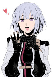 Rule 34 | 1girl, absurdres, black gloves, bodysuit, flat color, girls&#039; frontline, gloves, heart, highres, looking at viewer, military, military uniform, open mouth, penetration gesture, purple eyes, rpk-16 (girls&#039; frontline), short hair, silver hair, solo, sorutopg, tongue, tongue out, uniform, white background