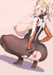 Rule 34 | 1girl, absurdres, anus, ass, blonde hair, blue eyes, blush, breasts, colorized, female focus, female pubic hair, high heels, highres, huge breasts, long hair, looking back, mercy (overwatch), metal owl (aden12), nipples, overwatch, overwatch 1, pantyhose, pubic hair, pussy, shoes, sideboob, solo, spread anus, squatting, uncensored