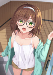 Rule 34 | 1girl, :d, ahoge, aqua jacket, bare shoulders, black-framed eyewear, blush, brown hair, brown shorts, camisole, collarbone, commentary request, fang, glasses, green eyes, hair between eyes, hairband, hand up, haru (kuzuyu), highres, indoors, jacket, komori kuzuyu, long sleeves, looking at viewer, off shoulder, open clothes, open door, open jacket, open mouth, original, short shorts, shorts, sleeves past wrists, smile, solo, standing, white camisole, white hairband, wooden floor