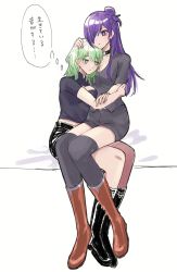 Rule 34 | 2girls, black thighhighs, boots, breasts, byleth (female) (fire emblem), byleth (fire emblem), cleavage, clothing cutout, collar, face to breasts, fire emblem, fire emblem: three houses, fire emblem warriors: three hopes, green eyes, green hair, hair bun, hair over one eye, highres, hug, japanese text, large breasts, long hair, medium hair, multiple girls, nintendo, one eye covered, purple eyes, purple hair, reia hana, serious, shez (female) (fire emblem), shez (fire emblem), single hair bun, sitting, sitting on lap, sitting on person, thighhighs, translation request, yuri