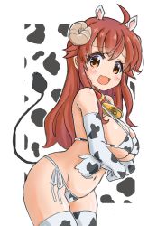 Rule 34 | 1girl, ahoge, animal ears, animal print, arms under breasts, bare shoulders, bell, bikini, blush, breasts, brown eyes, cleavage, collar, cow ears, cow print, cow print bikini, cow print gloves, cow print thighhighs, cowboy shot, crossed arms, curled horns, demon girl, demon horns, demon tail, ehime (ehime mikan), elbow gloves, embarrassed, fake animal ears, female focus, from side, gloves, horns, large breasts, leaning forward, legs together, long hair, looking at viewer, machikado mazoku, neck bell, open mouth, petite, print bikini, print gloves, print thighhighs, red hair, solo, standing, swimsuit, tail, thick thighs, thighs, yoshida yuuko (machikado mazoku)