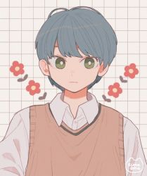 Rule 34 | 1boy, artist name, blue hair, bright pupils, brown vest, closed mouth, collared shirt, commentary, emma (kumaema), flower (symbol), green eyes, grid background, highres, looking at viewer, male focus, original, shirt, short hair, solo, symbol-only commentary, upper body, vest, white pupils, white shirt, wing collar