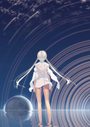 Rule 34 | 1girl, bad id, bad pixiv id, highres, joeian, kneepits, long hair, looking up, motion blur, naked shirt, original, planet, reflection, see-through, shirt, shirt on shoulders, solo, standing, star (symbol), twintails, very long hair, wading, water, white hair