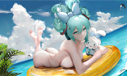Rule 34 | 1girl, aqua eyes, aqua hair, artistic error, ass, bad anatomy, bad id, bad pixiv id, barefoot, blue sky, bow, breasts, cinnamiku, cinnamoroll, closed mouth, cloud, completely nude, day, ear bow, hair between eyes, hair bow, hatsune miku, highres, looking at viewer, lying, medium breasts, nude, ocean, omone hokoma agm, on stomach, outdoors, sanrio, sky, smile, soles, toes, vocaloid, wet, white bow