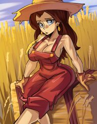 1girl absurdres blue_eyes breasts brown_hair cleavage donkey_kong_(series) earrings hat highres jewelry large_breasts long_hair mario_(series) moxydraws nintendo pauline_(mario) solo