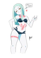Rule 34 | 1girl, absurdres, blue bra, blue panties, bra, breasts, colored sclera, colored skin, come hither, commentary, contrapposto, cyberpunk (series), cyberpunk edgerunners, foxxarius, green eyes, green hair, hand on own hip, heart, highres, leg tattoo, long hair, looking at viewer, navel, neck tattoo, panties, petite, rebecca (cyberpunk), red pupils, red sclera, seductive smile, sketch, small breasts, smile, smug, solo, speech bubble, stomach tattoo, straight hair, tattoo, underwear, underwear only, white background, white skin