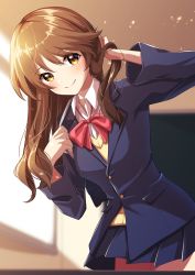 Rule 34 | 1girl, blue jacket, blue skirt, blurry, blurry background, bow, bowtie, brown hair, chalkboard, classroom, closed mouth, collared shirt, cowboy shot, hair between eyes, hand in own hair, highres, idolmaster, idolmaster cinderella girls, indoors, jacket, long hair, long sleeves, looking at viewer, miniskirt, pleated skirt, red bow, red bowtie, school uniform, shirt, skirt, smile, solo, standing, sweater, takamori aiko, v3assalut, white shirt, wing collar, yellow eyes, yellow sweater