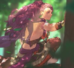Rule 34 | 1girl, 91007, back, branch, brown eyes, earrings, facial mark, fire emblem, fire emblem: three houses, from behind, highres, jewelry, leaf, long hair, nintendo, perching position, petra macneary, ponytail, purple hair, solo, tree, very long hair, wind