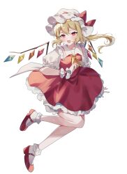 Rule 34 | 1girl, absurdres, blonde hair, bow, flandre scarlet, hat, highres, looking at viewer, mob cap, rainbow wings, red bow, red eyes, red shirt, red skirt, shirt, short hair, short sleeves, skirt, smile, solo, sorani (kaeru0768), touhou, white background, white hat