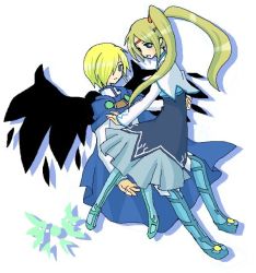 Rule 34 | 1boy, 1girl, blonde hair, blue eyes, breasts, brown hair, cape, capelet, dress, fenimore, hair over one eye, long hair, pantyhose, short hair, tales of (series), tales of legendia, twintails, walter delques, wings
