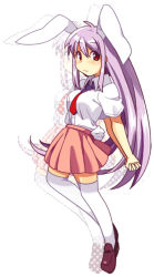 Rule 34 | 1girl, :3, alternate costume, animal ears, arms behind back, bad id, bad pixiv id, between breasts, breasts, dress shirt, female focus, light purple hair, long hair, looking at viewer, matatabi maru, medium breasts, necktie, pleated skirt, rabbit ears, rabbit girl, rabbit tail, red eyes, red necktie, reisen udongein inaba, shirt, skirt, solo, tail, thighhighs, touhou, white thighhighs, zettai ryouiki