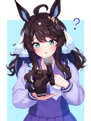 Rule 34 | 1girl, ?, black hair, blue eyes, blush, creature and personification, daring tact (racehorse), daring tact (umamusume), hair between eyes, hair ornament, highres, holding, horse girl, kashmir 0808, looking at viewer, medium hair, microphone, open mouth, school uniform, simple background, solo, star (symbol), star hair ornament, tracen school uniform, umamusume